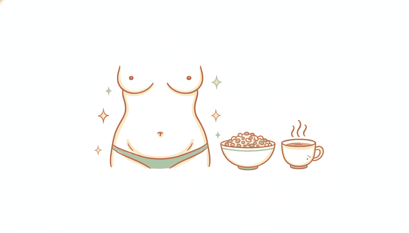 Illustration von Hülsenfrüchten und Tee gegen Blähungen im Doodle-Stil