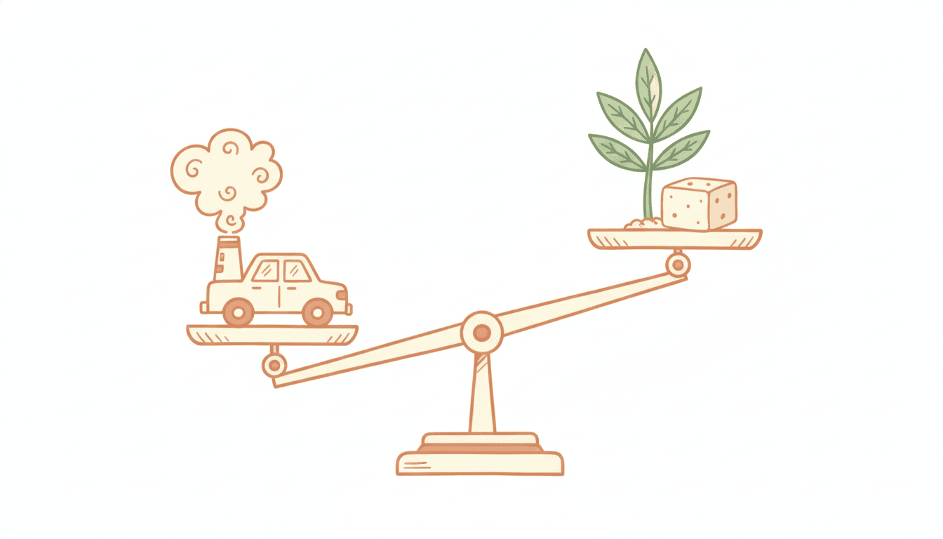 Illustration einer Waage mit Auto und Fabrik gegen Tofu und Pflanze im Doodle-Stil