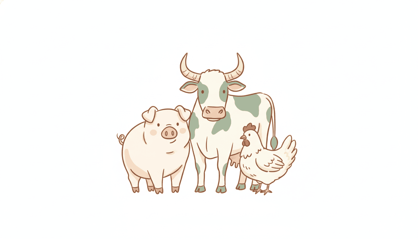 Illustration von Schwein, Rind und Huhn als Individuen im Doodle-Stil