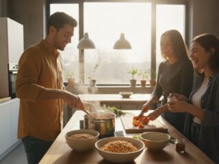 Junge Leute kochen gemeinsam ein Linsengericht in einer hellen Küche