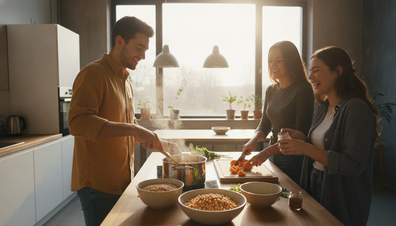 Junge Leute kochen gemeinsam ein Linsengericht in einer hellen Küche