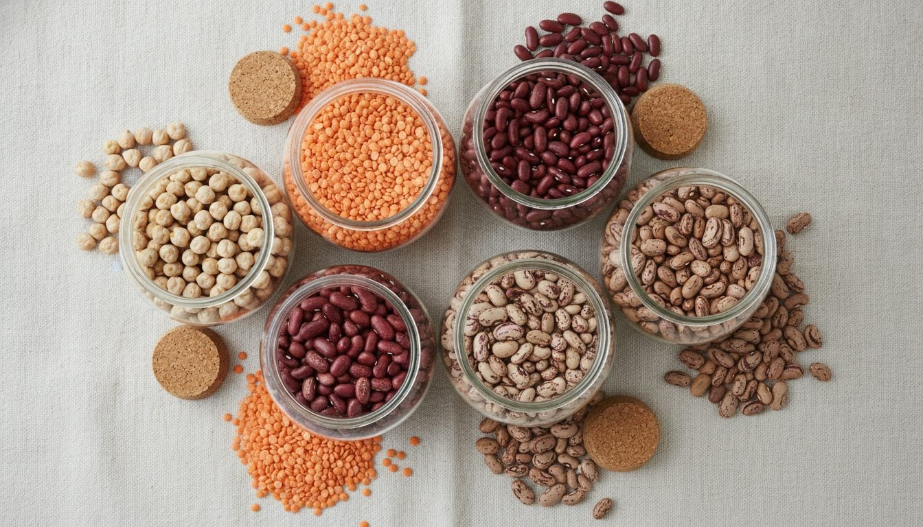 Assorted legumes in glass jars: chickpeas, red lentils, kidney beans and pinto beans
