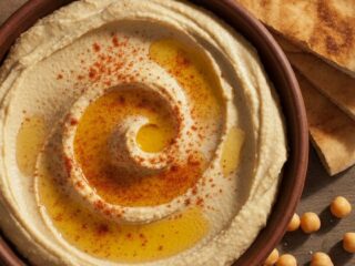 A bowl of hummus drizzled with olive oil, with pita on the side