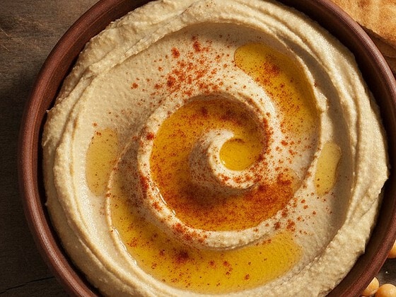 A bowl of hummus drizzled with olive oil, with pita on the side