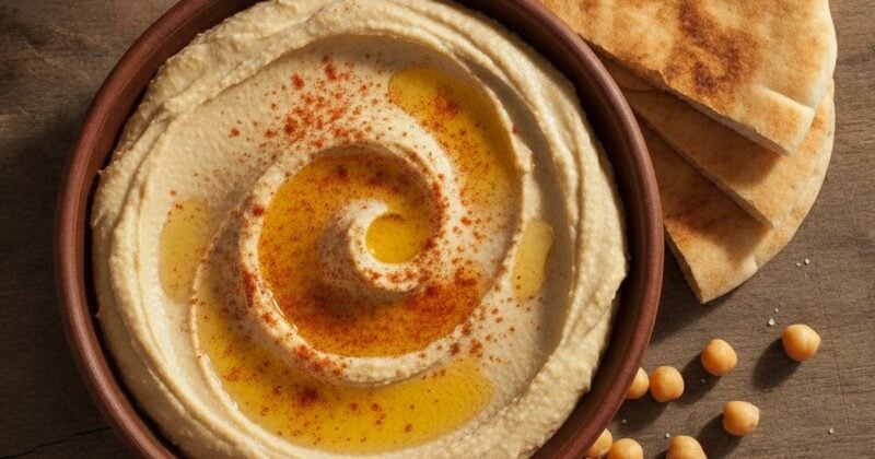 A bowl of hummus drizzled with olive oil, with pita on the side
