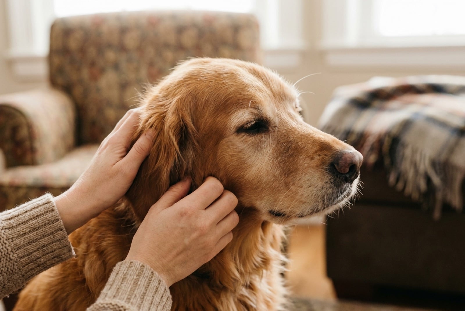 Hände beruhigen einen Hund sanft