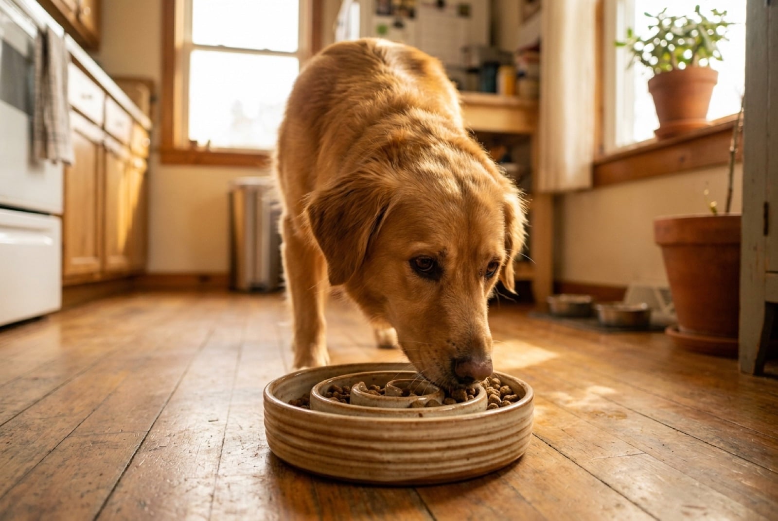 Hund frisst langsam aus einem Anti-Schling-Napf