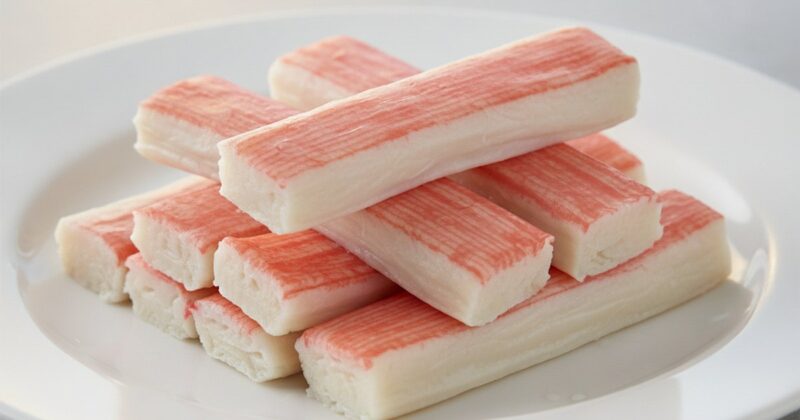 Sticks of imitation crab meat arranged on a plate