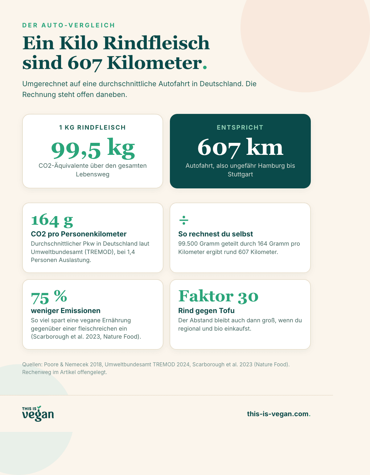 Infografik: ein Kilogramm Rindfleisch entspricht 607 Kilometern Autofahrt