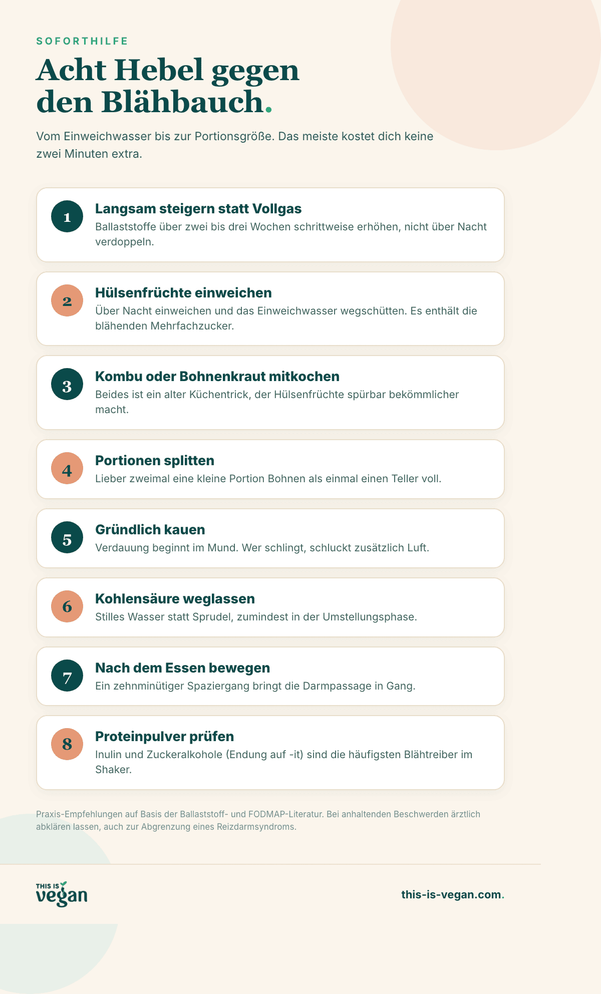 Infografik: acht Tipps gegen Blähungen bei veganer Ernährung