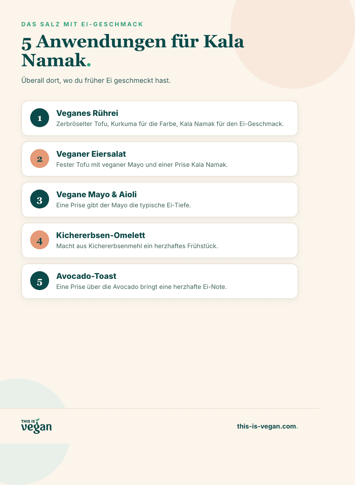Infografik mit den fünf besten Anwendungen für Kala Namak mit This-Is-Vegan-Logo