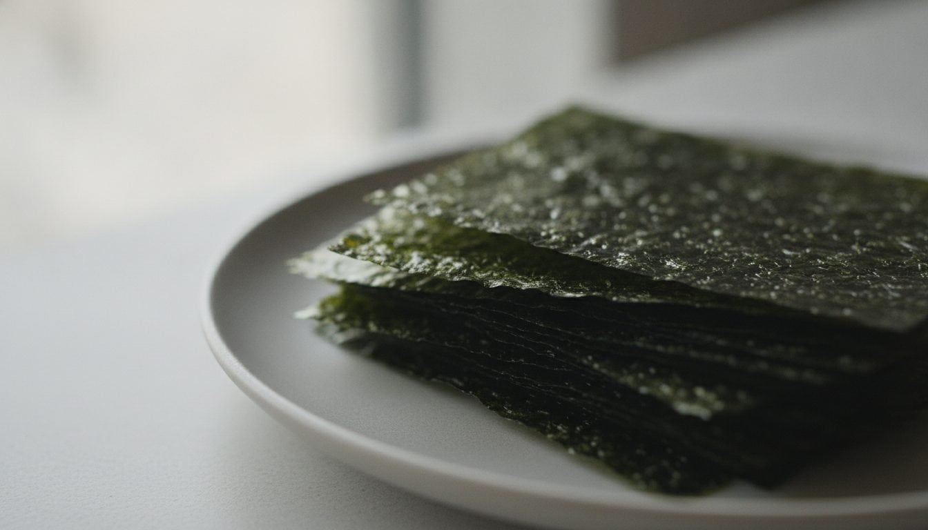 Nahaufnahme dunkelgrüner Nori-Blätter auf einem Keramikteller