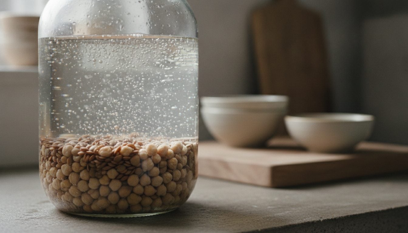 Linsen und Kichererbsen weichen in einem Glas mit Wasser ein