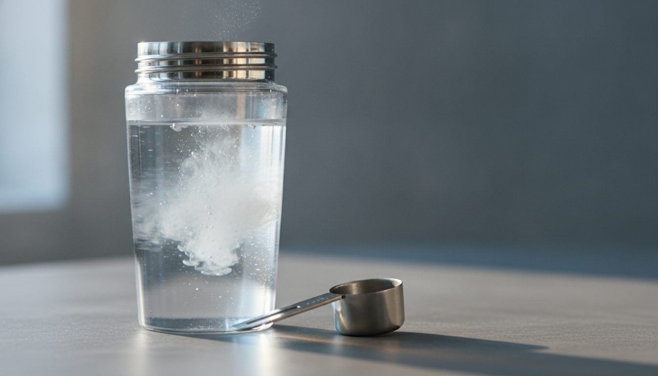 Shaker mit Wasser und sich auflösendem Kreatinpulver daneben ein Messlöffel