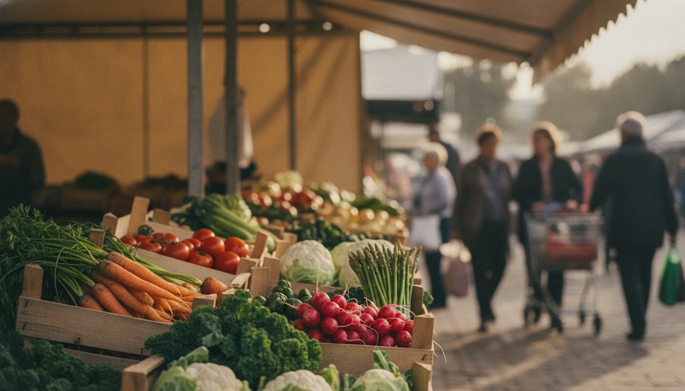 Marktstand mit Kisten voller frischem Gemüse