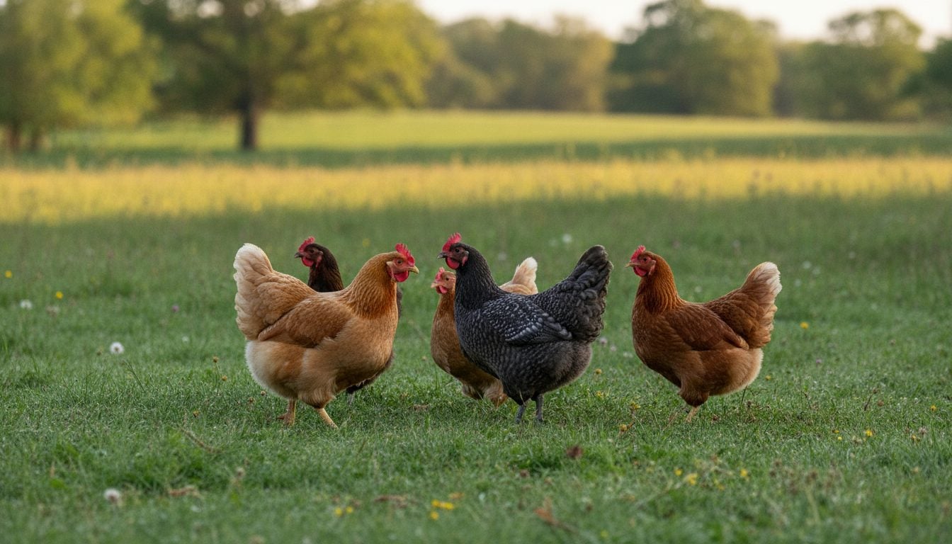 Gruppe Hühner steht ruhig auf einer Wiese auf einem Lebenshof