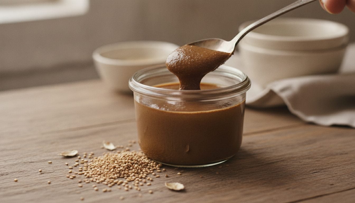 Tahini im Glas mit ungeschältem Sesam auf einem Holztisch