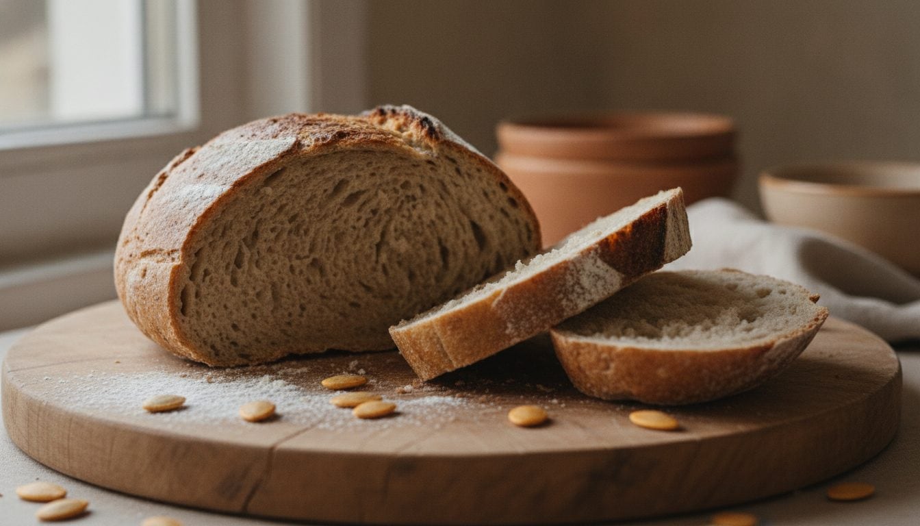 Angeschnittenes Sauerteigbrot auf einem Holzbrett mit Kürbiskernen