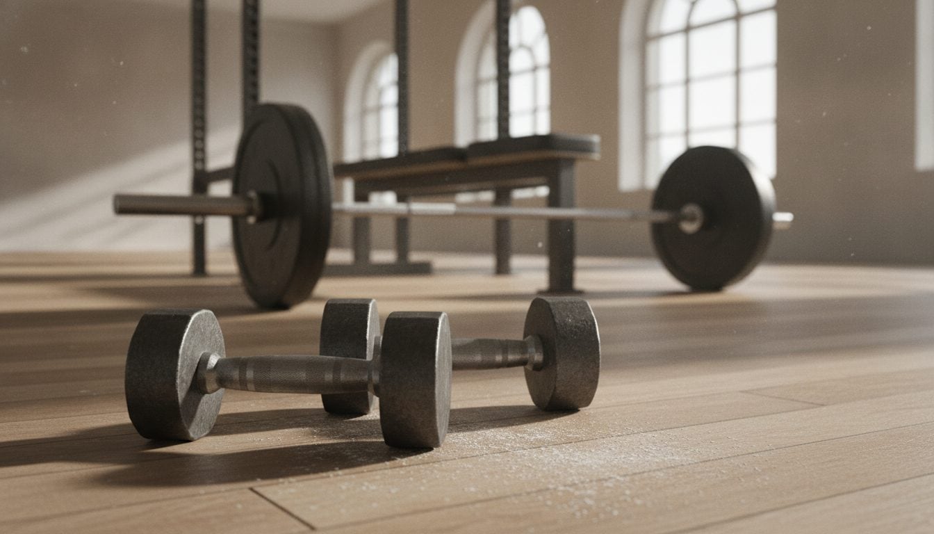 Kurzhanteln auf einem Holzboden im Fitnessstudio
