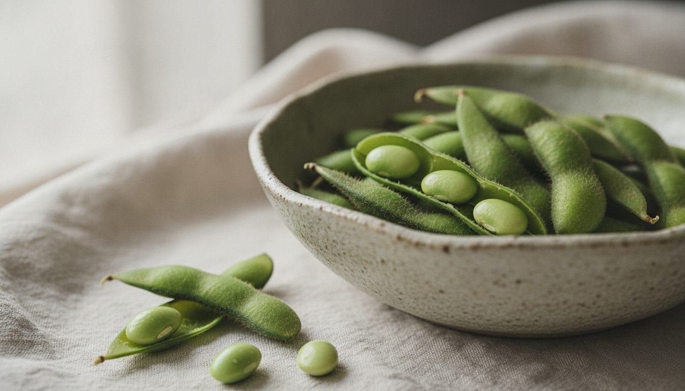 Frische grüne Edamame-Sojabohnen in einer Keramikschale