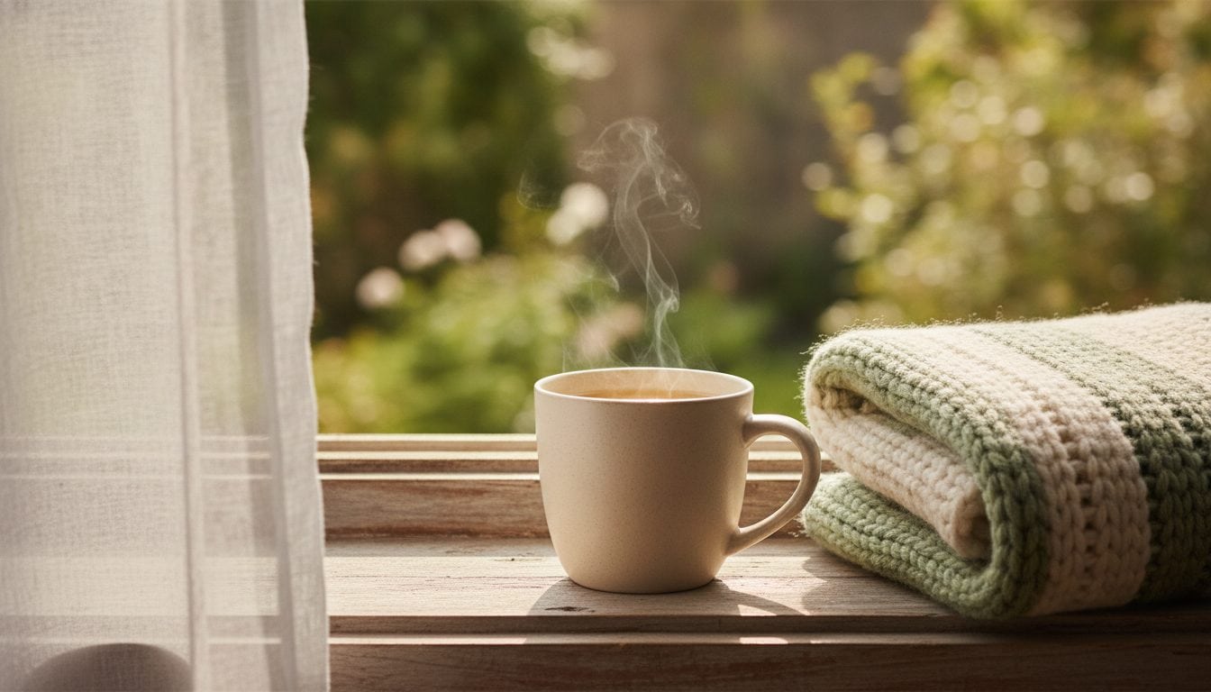 Dampfende Tasse Fencheltee auf einer Fensterbank