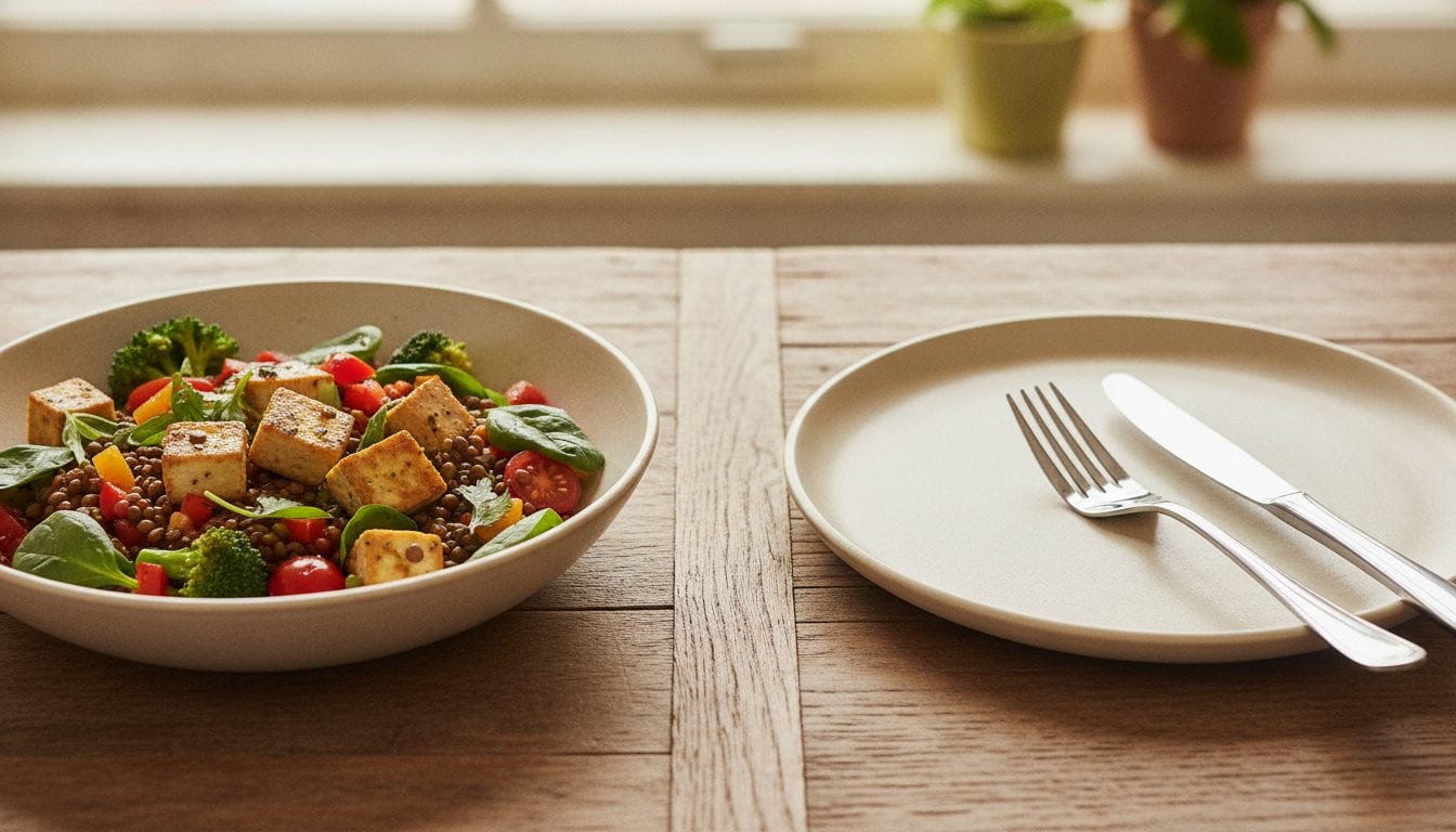 Holztisch mit einer Schale Linsen, Tofu und frischem Gemüse