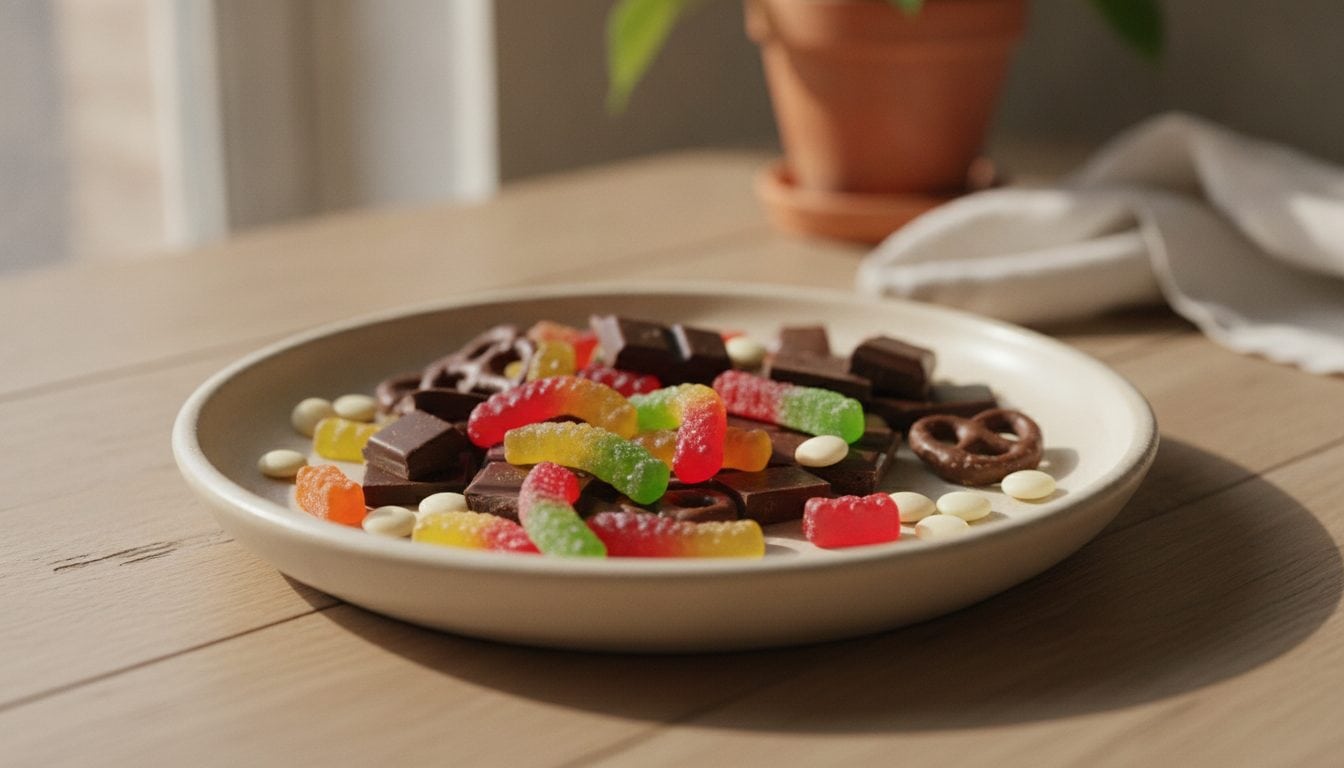Bunte Gummibärchen und Schokoladenstücke auf einem hellen Teller