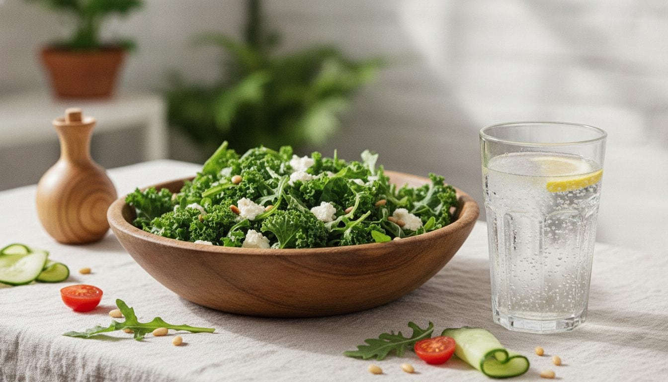 Salatschüssel mit Grünkohl und Rucola neben einem Glas Mineralwasser