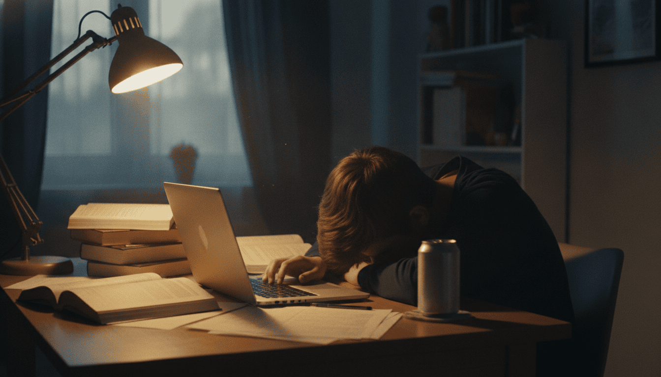 Jugendlicher lernt abends am Schreibtisch mit einer Energy-Drink-Dose daneben