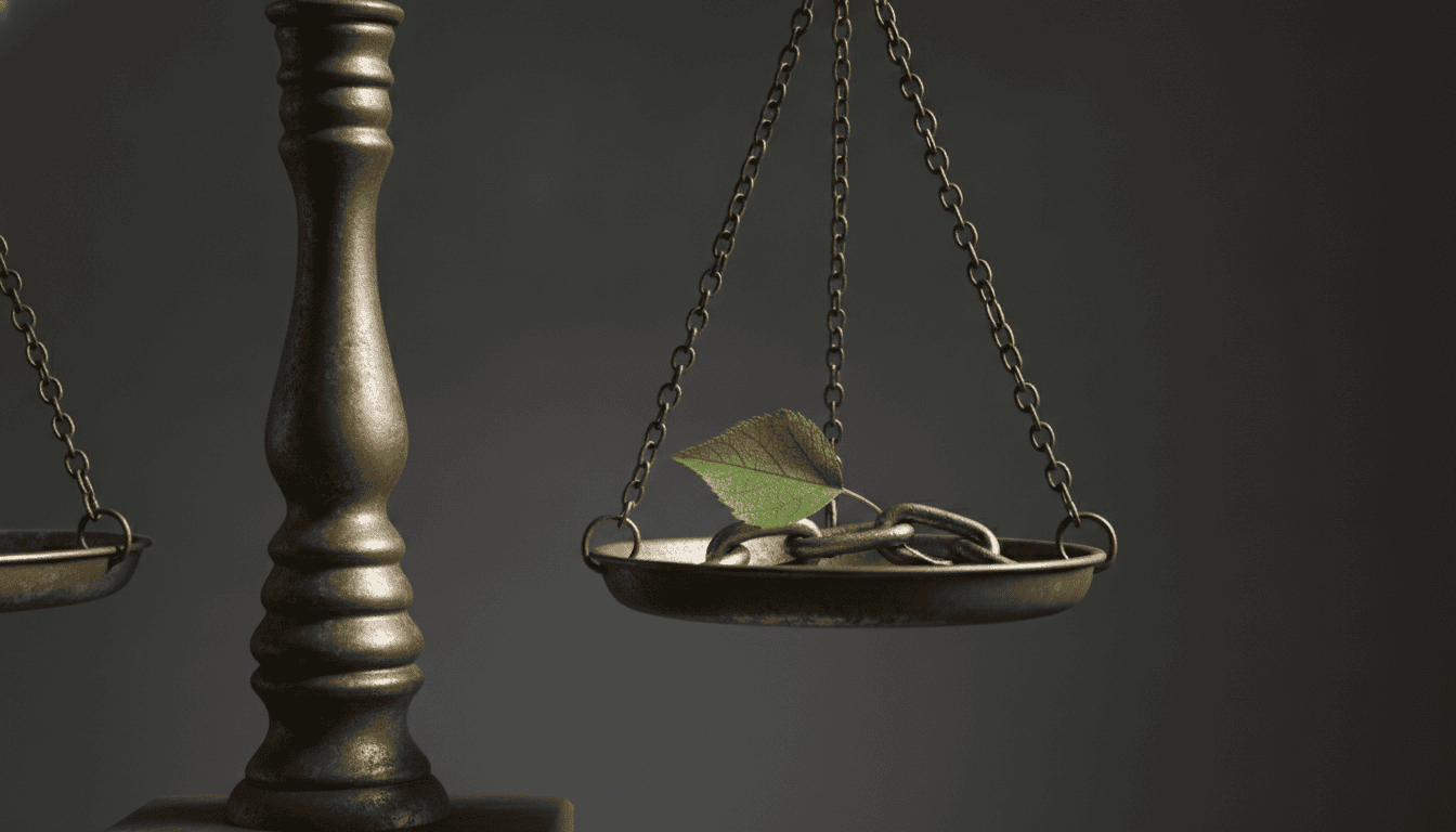 Waage der Gerechtigkeit balanciert ein grünes Blatt gegen eine Metallkette