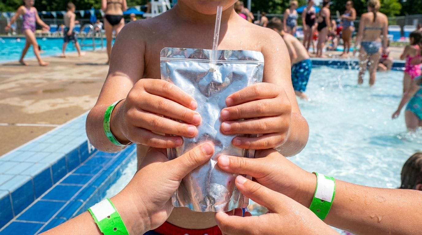 Kinderhände halten ein Trinkpäckchen mit Strohhalm im Freibad
