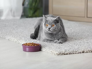 Katze sitzt aufmerksam neben ihrem Futternapf