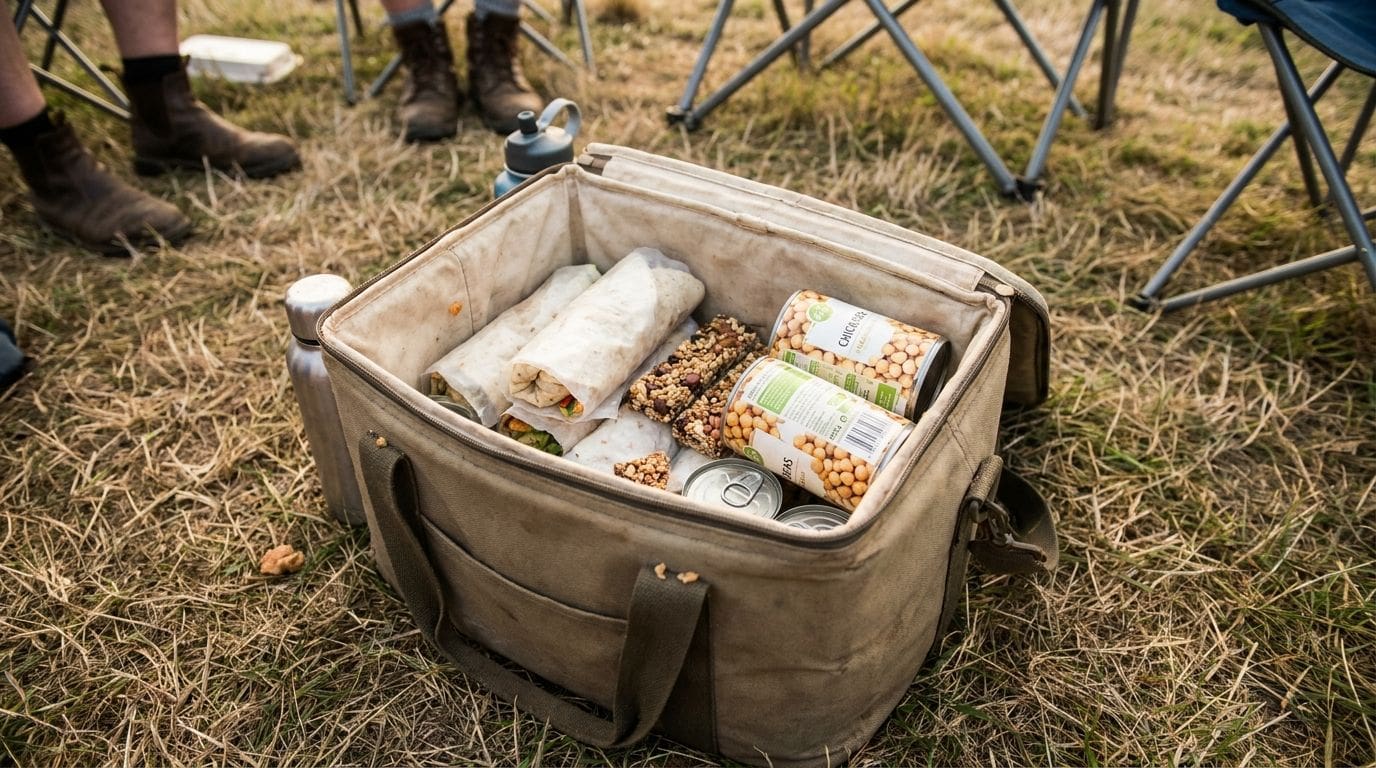 Geöffnete Kühltasche mit veganen Snacks, Riegeln und Wraps auf einer Festivalwiese