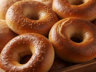 Fresh commercial bagels and bread rolls on a bakery tray