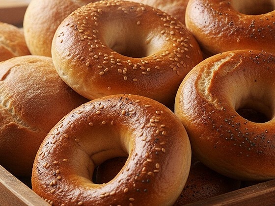 Fresh commercial bagels and bread rolls on a bakery tray