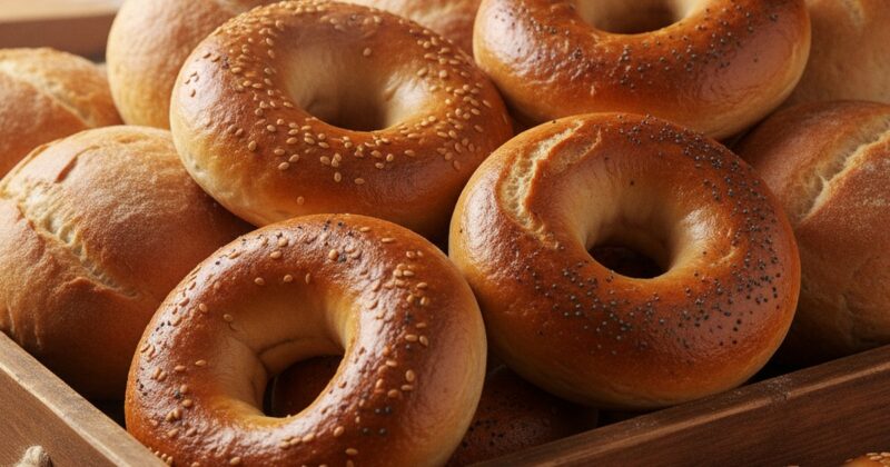 Fresh commercial bagels and bread rolls on a bakery tray