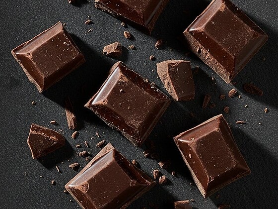 Squares of dark chocolate on a slate surface