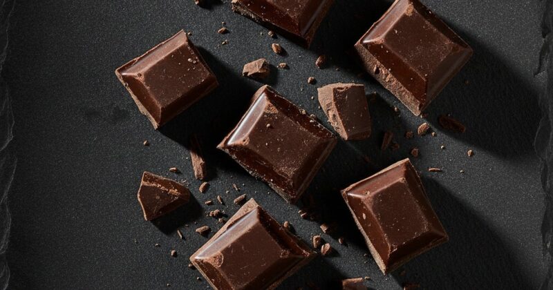 Squares of dark chocolate on a slate surface