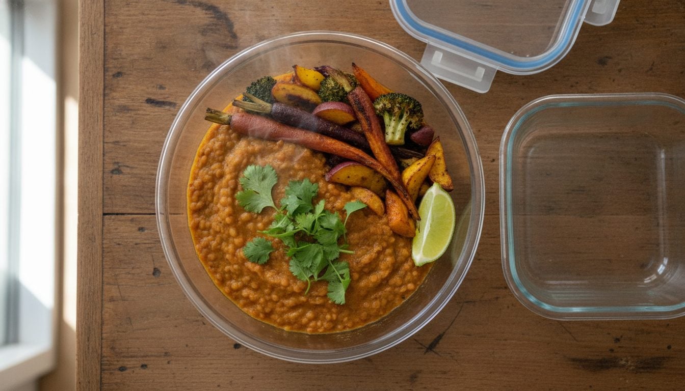 Bunte Bowl mit roten Linsen, Gemüse und Kräutern auf einem Holztisch
