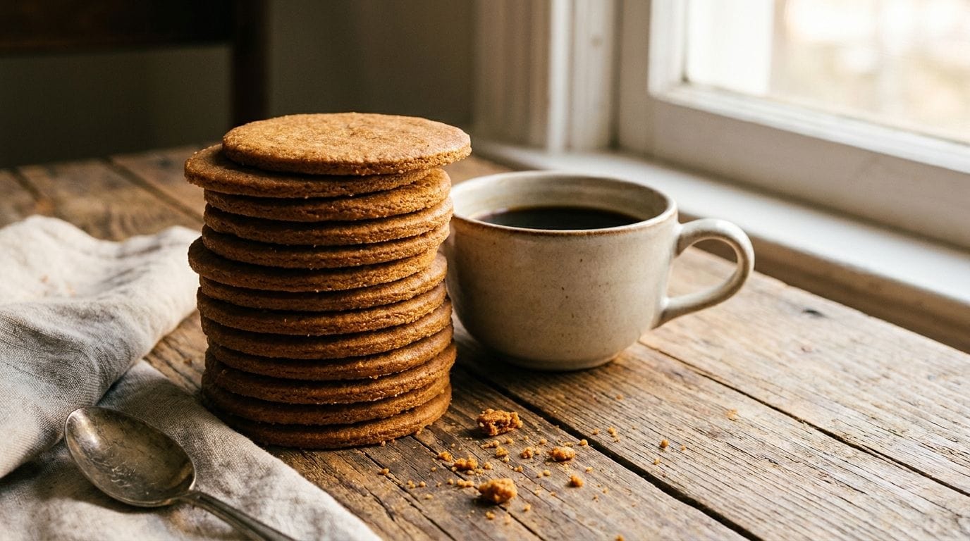 Gestapelte karamellbraune Lotus-Kekse neben einer Tasse Kaffee