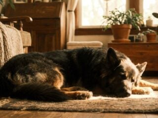 Großer tiefbrüstiger Hund liegt ruhig auf dem Wohnzimmerboden