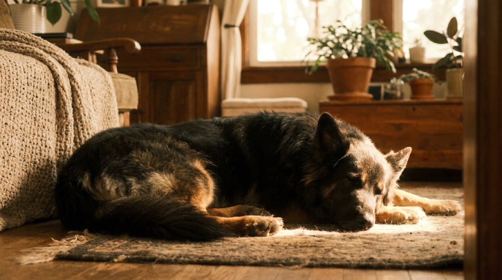 Großer tiefbrüstiger Hund liegt ruhig auf dem Wohnzimmerboden