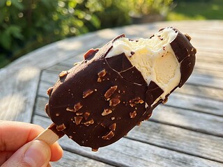 Angebissenes veganes Eis am Stiel mit dunkler Schokoladenhülle und Mandelstückchen