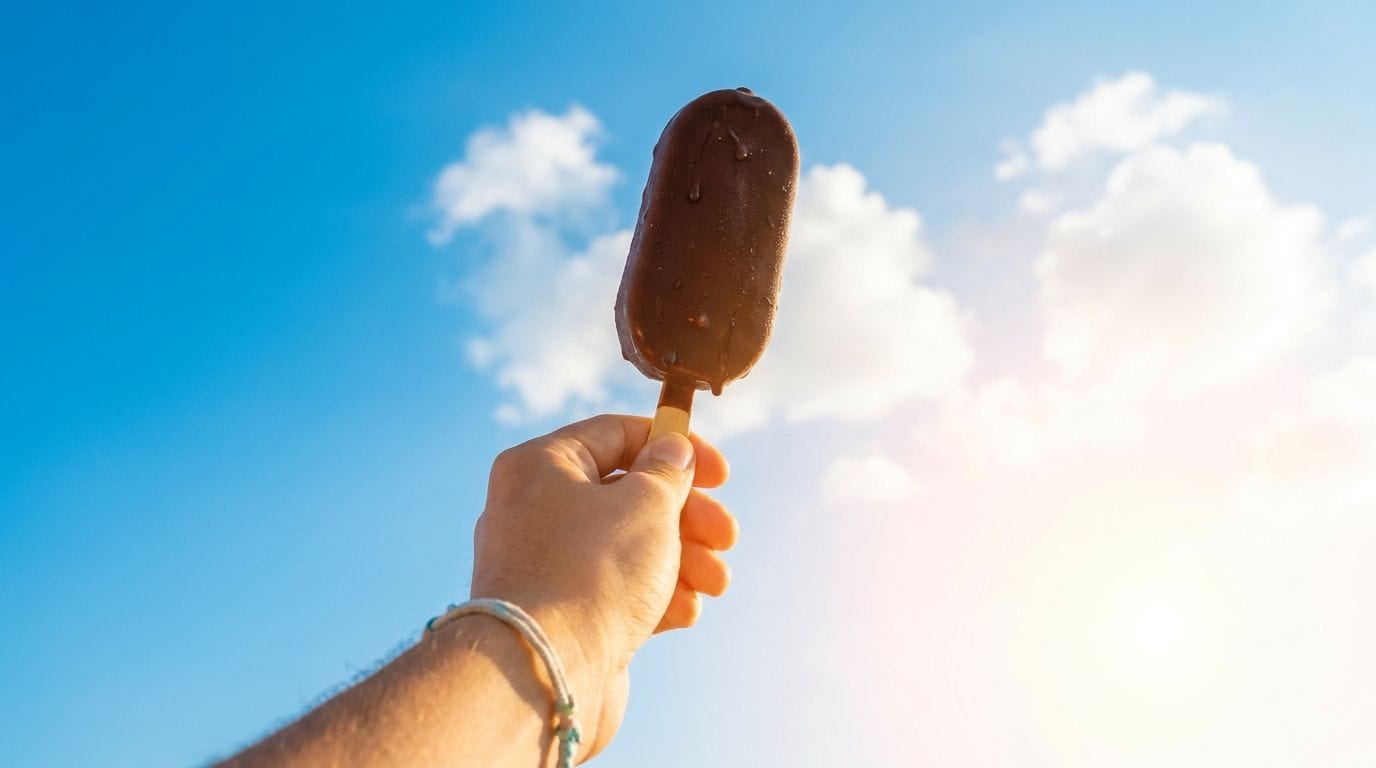 Eis am Stiel mit Schokoladenhülle vor strahlend blauem Sommerhimmel