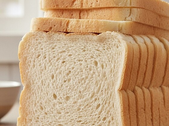 A stack of sliced sandwich bread on a wooden board
