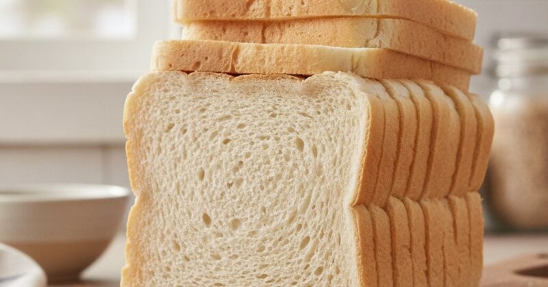A stack of sliced sandwich bread on a wooden board