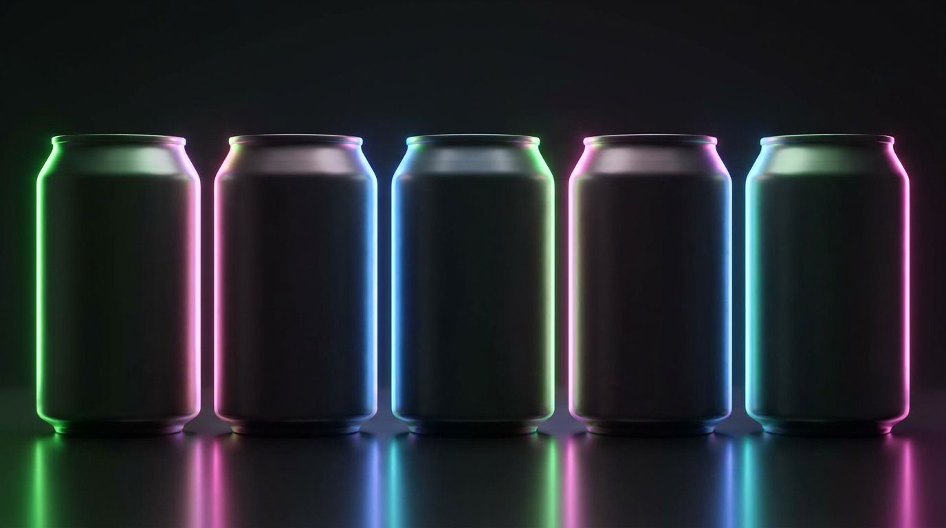 Silhouetten mehrerer Energy-Drink-Dosen in Neonfarben vor dunklem Hintergrund