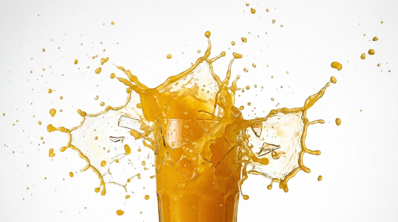 Orangensaft spritzt dynamisch aus einem Glas vor hellem Hintergrund
