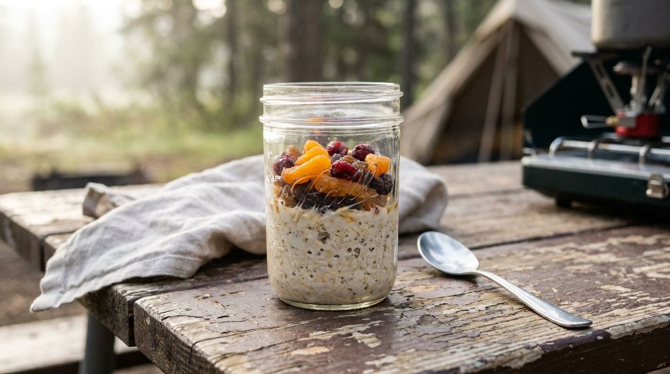 Schraubglas mit Overnight Oats und Beeren auf einem Campingtisch
