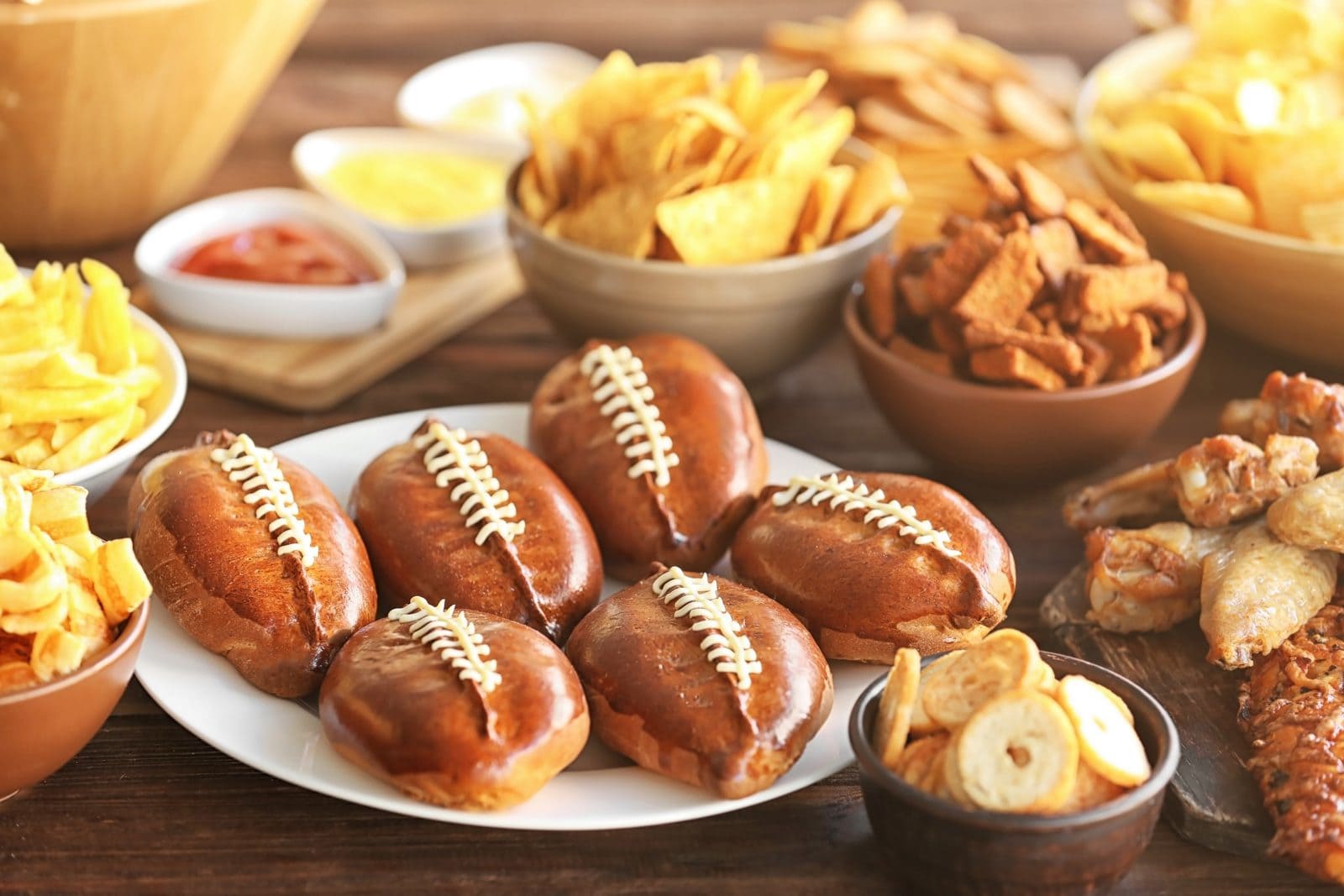 A close-up spread of party snacks